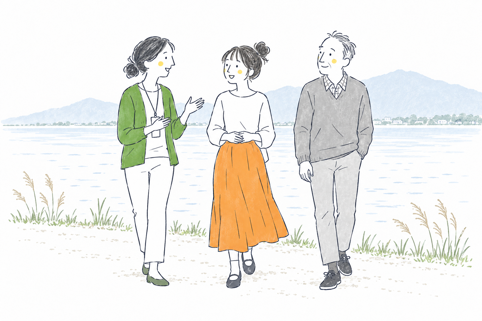 滋賀県の琵琶湖のほとりを複数の利用者とスタッフが散歩するイラスト