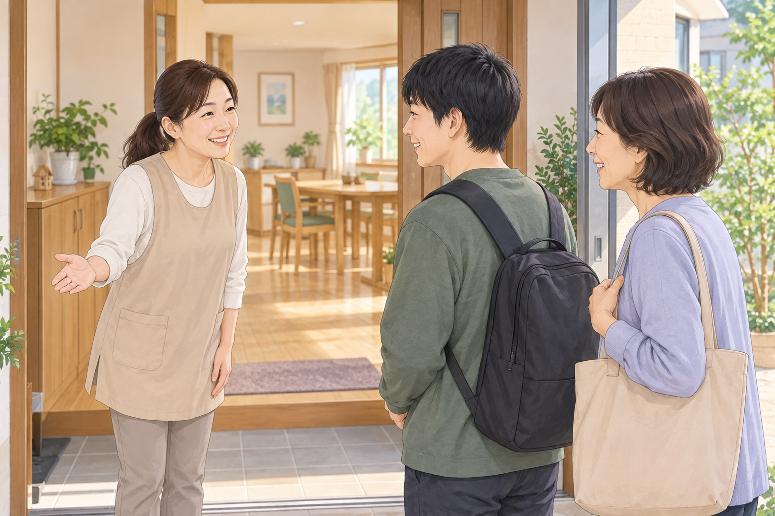 グループホームを見学するご本人とご家族をスタッフが迎える様子