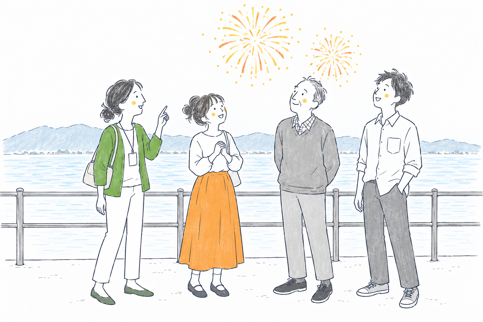 琵琶湖の花火を4人で楽しむ様子
