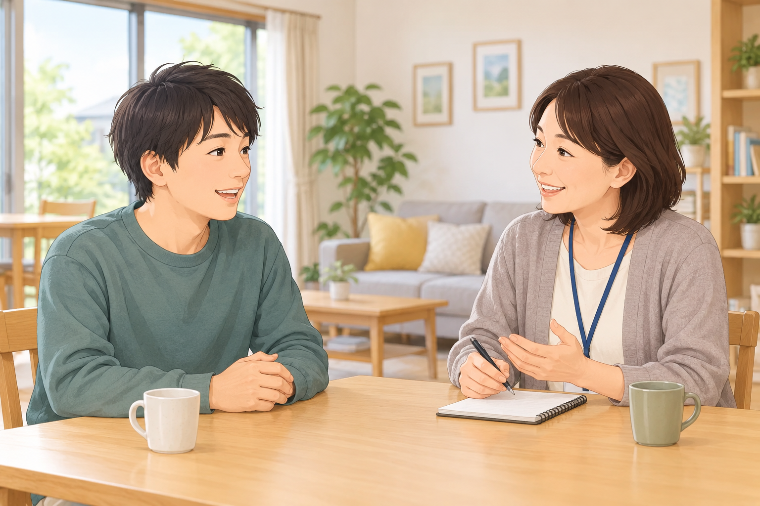 落ち着いた居間でスタッフへ相談する様子