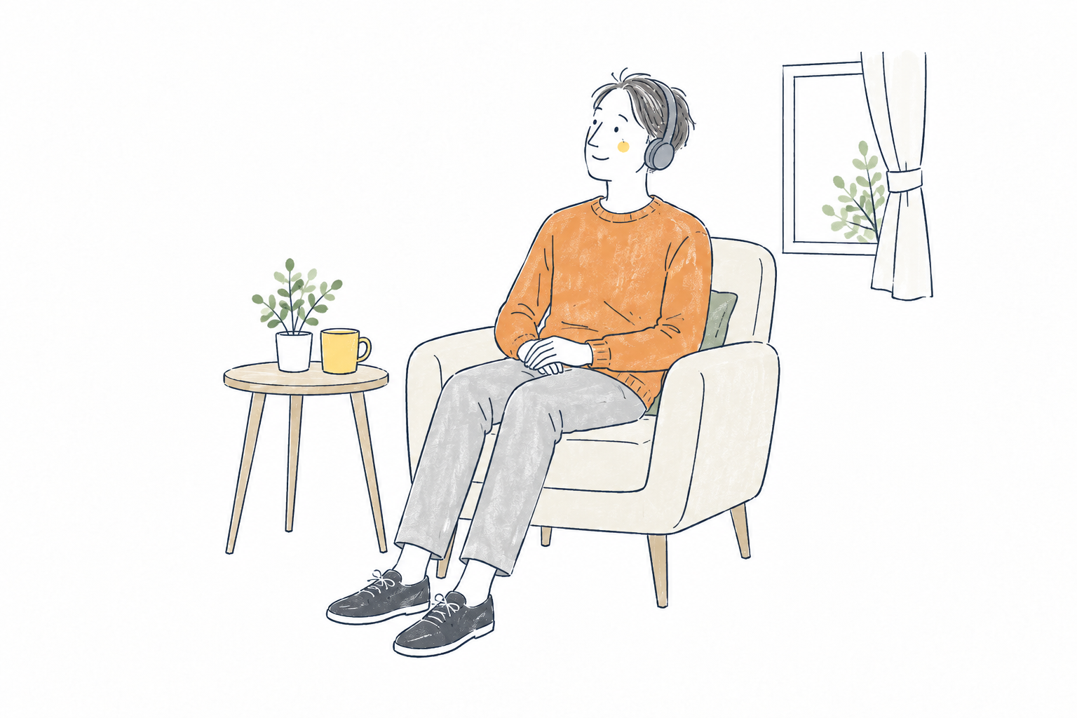 自室で音楽を聴きながら、ゆっくりくつろいでいる様子