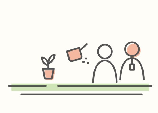 植物に水をやる様子と、見守るスタッフを線で描いたイラスト