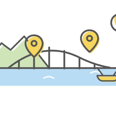 琵琶湖と琵琶湖大橋、比叡山、ボート、地図のピンを線で描いたイラスト