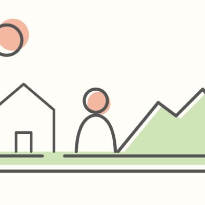 比叡山と家、人を線で描いた、暮らす地域を考えるイラスト